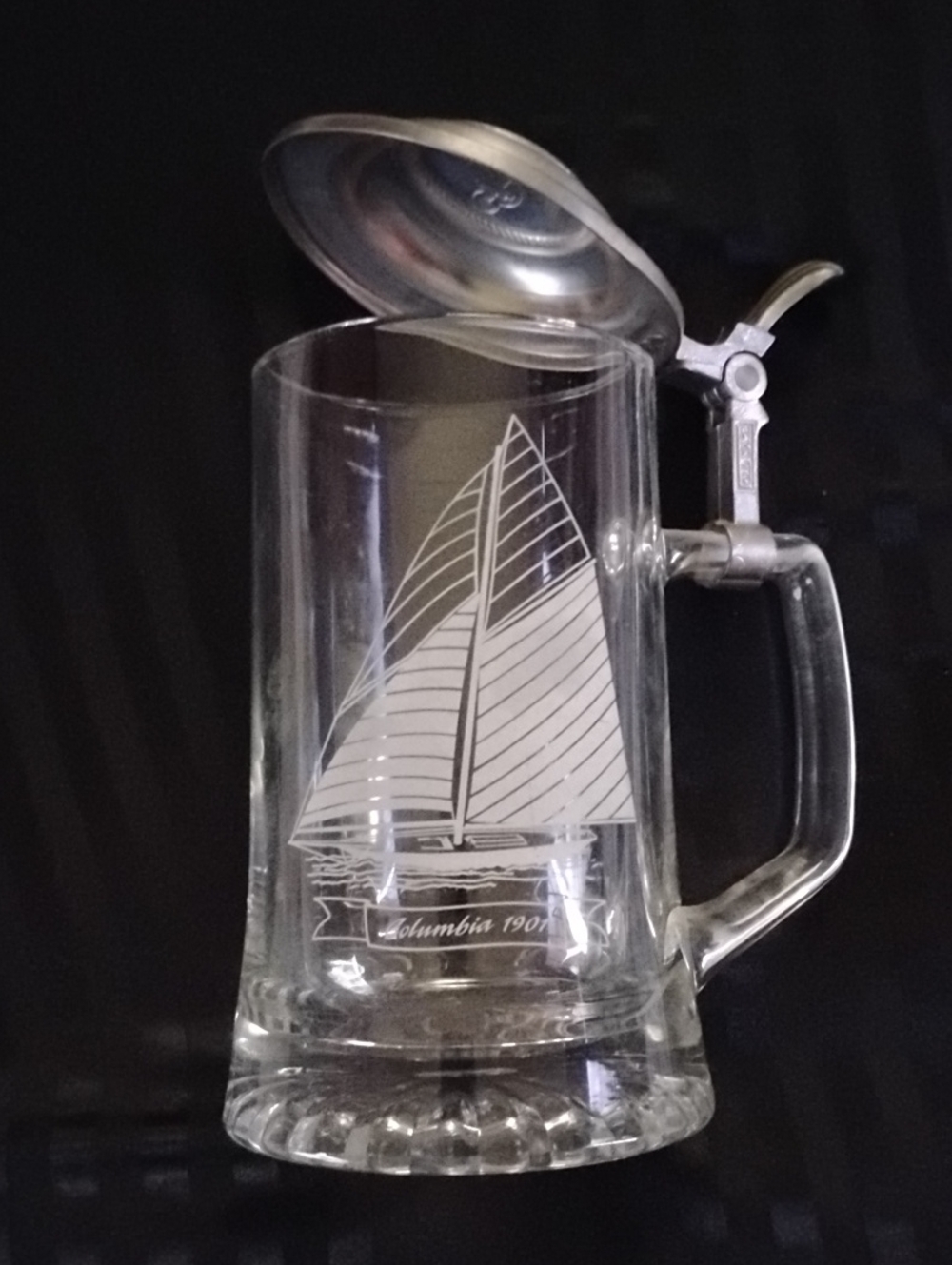 Vintage Old Spice Clear Glass Beer Stein with Pewter Lid - Sailboat Etching